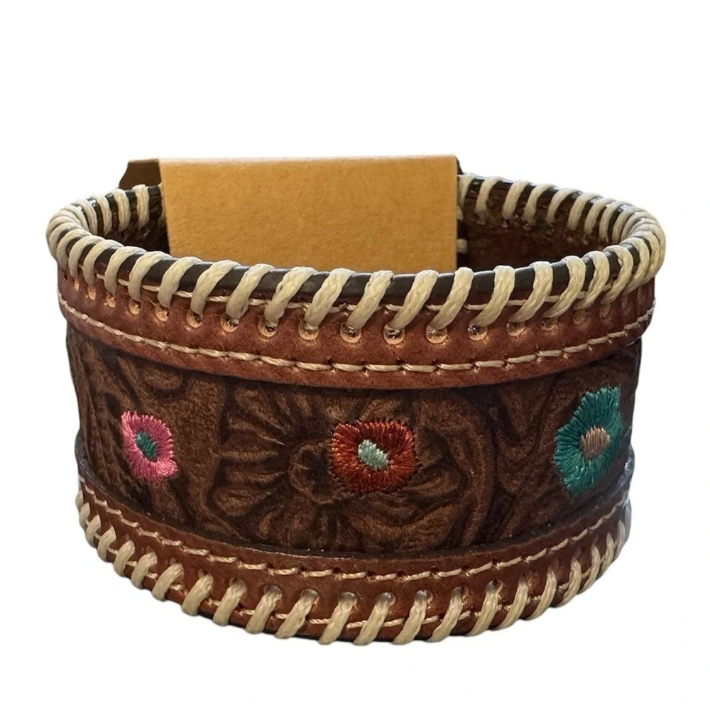 Justin Women's Embroidered Tooled Leather Cuff with Floral Embroidery